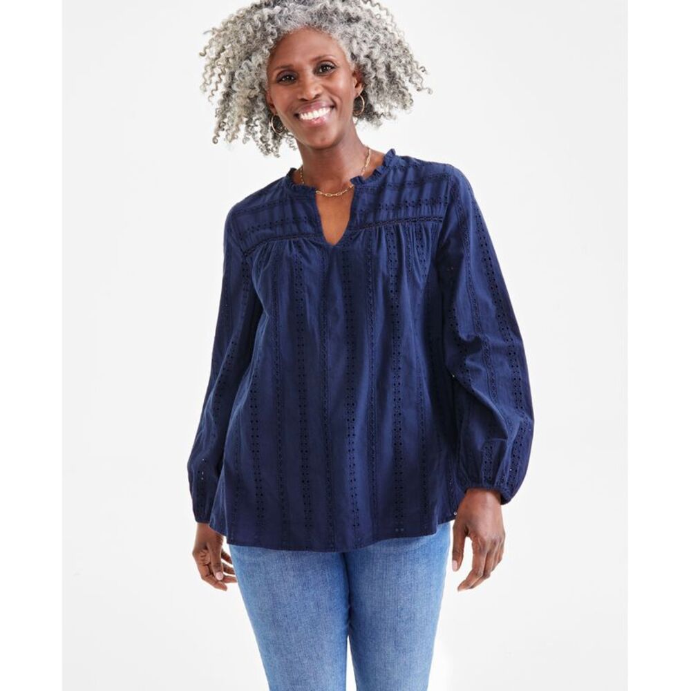 Style & Co. Women's Cotton Eyelet Split-Neck Top
